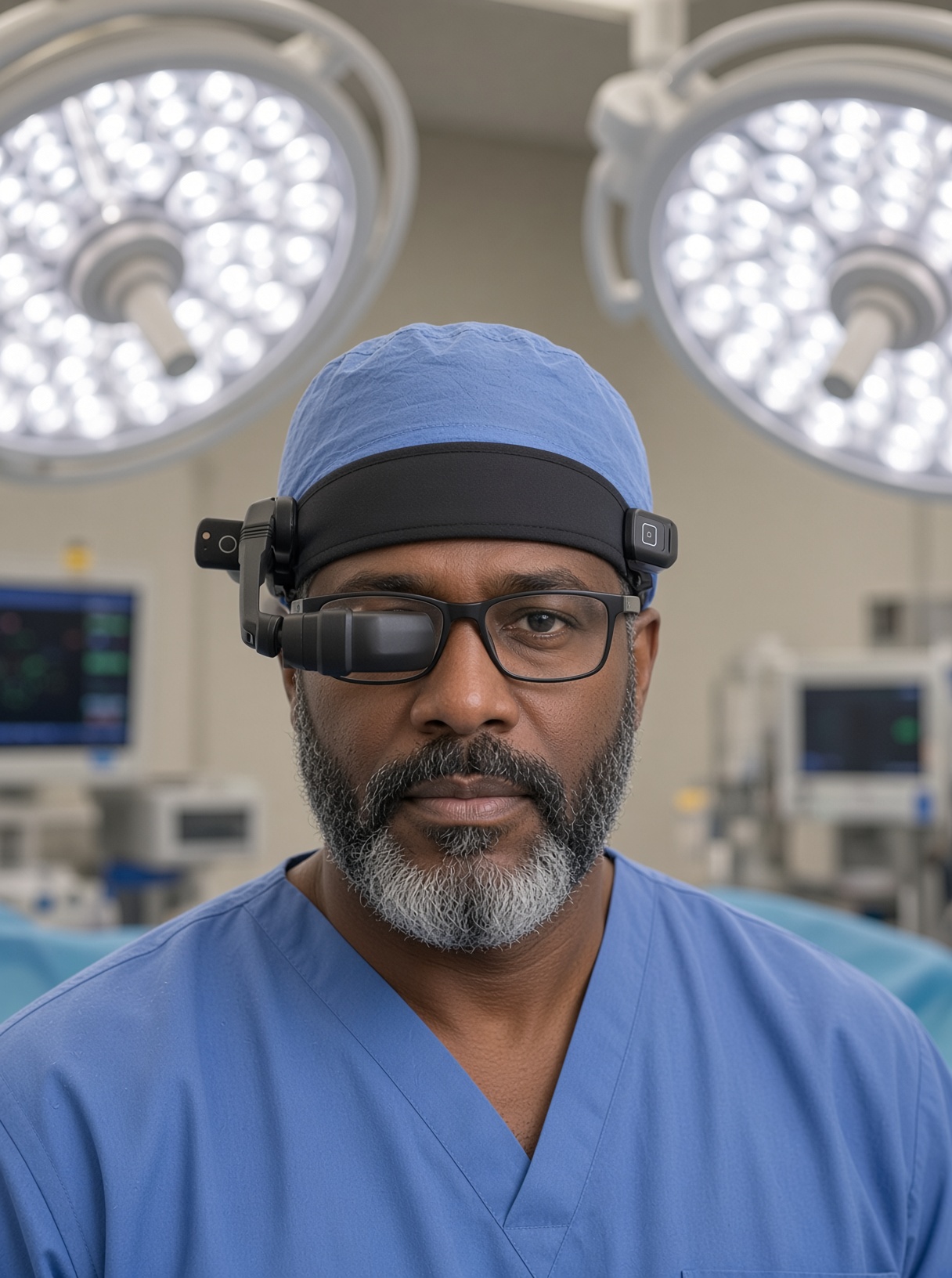 Clinician in scrubs wearing a hands-free headset in a clinical setting