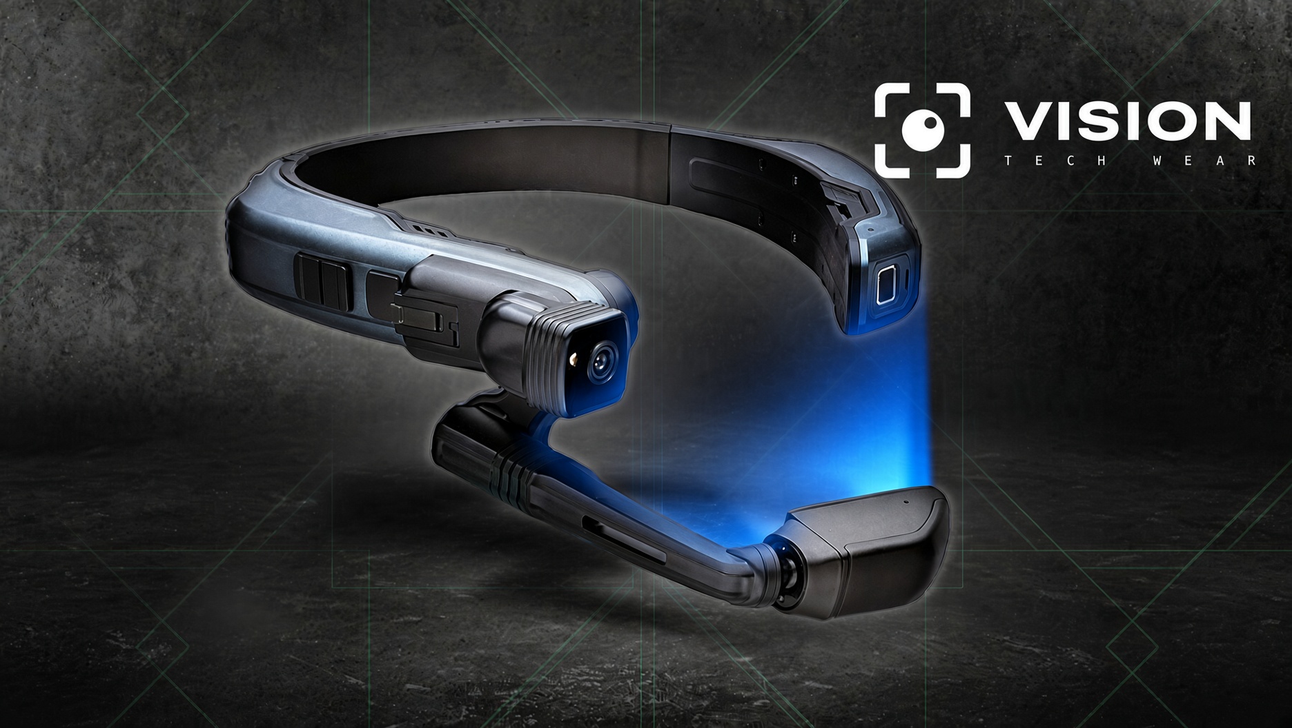 Vision Tech Wear headset with an adjustable display arm and forward-facing camera